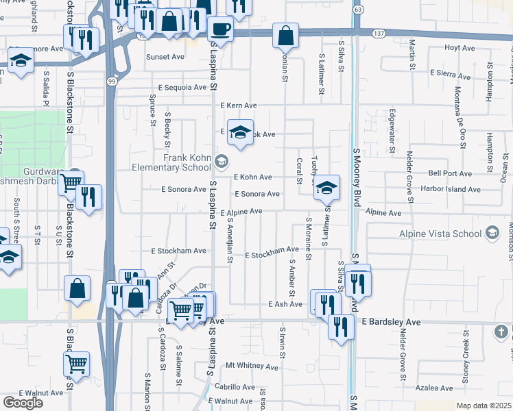 map of restaurants, bars, coffee shops, grocery stores, and more near 1792 East Alpine Avenue in Tulare