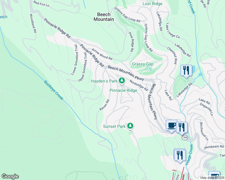 map of restaurants, bars, coffee shops, grocery stores, and more near 109 Raven Road in Beech Mountain