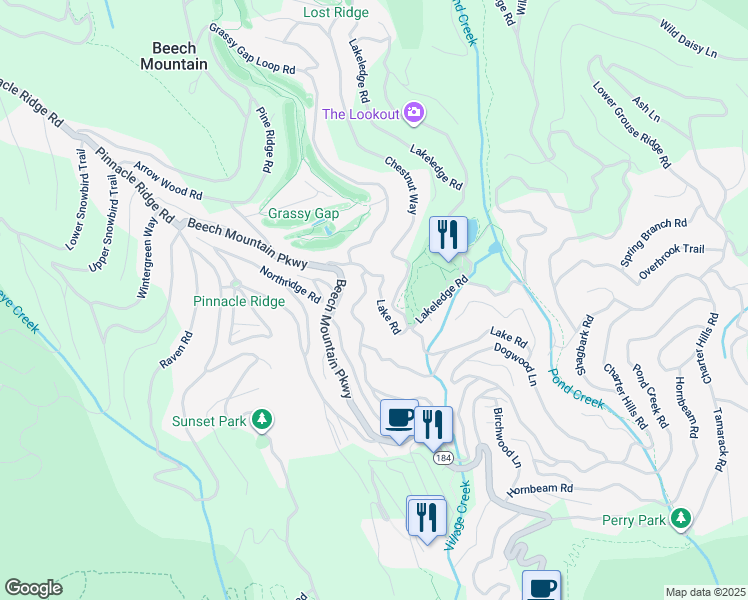 map of restaurants, bars, coffee shops, grocery stores, and more near 214 Lake Road in Beech Mountain