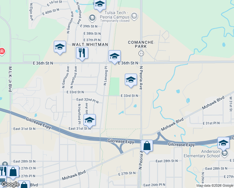 map of restaurants, bars, coffee shops, grocery stores, and more near 955 East 33rd Street North in Tulsa