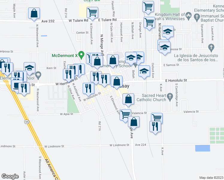 map of restaurants, bars, coffee shops, grocery stores, and more near 136 East Honolulu Street in Lindsay