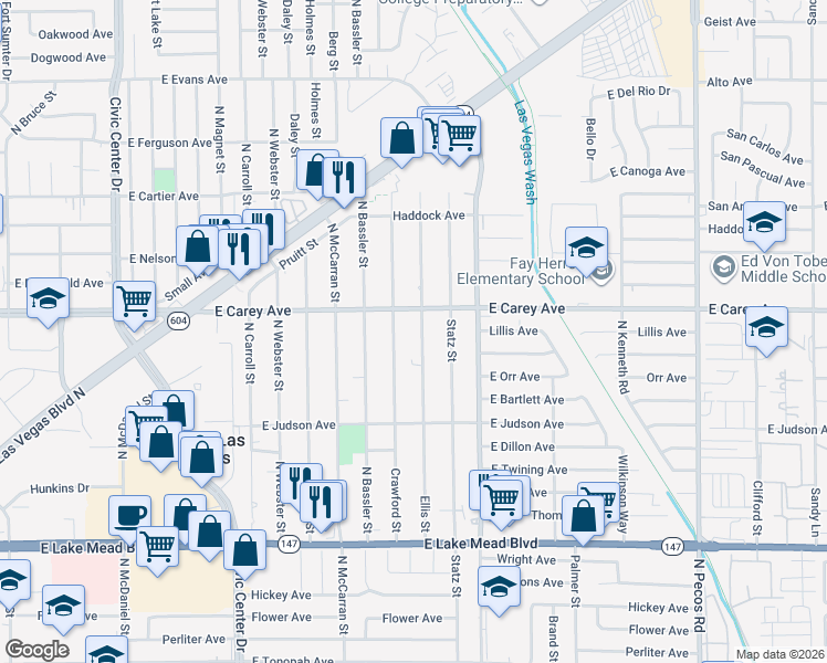 map of restaurants, bars, coffee shops, grocery stores, and more near 2321 Ellis Street in North Las Vegas
