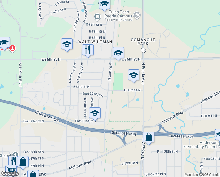 map of restaurants, bars, coffee shops, grocery stores, and more near 3305 North Lansing Place in Tulsa