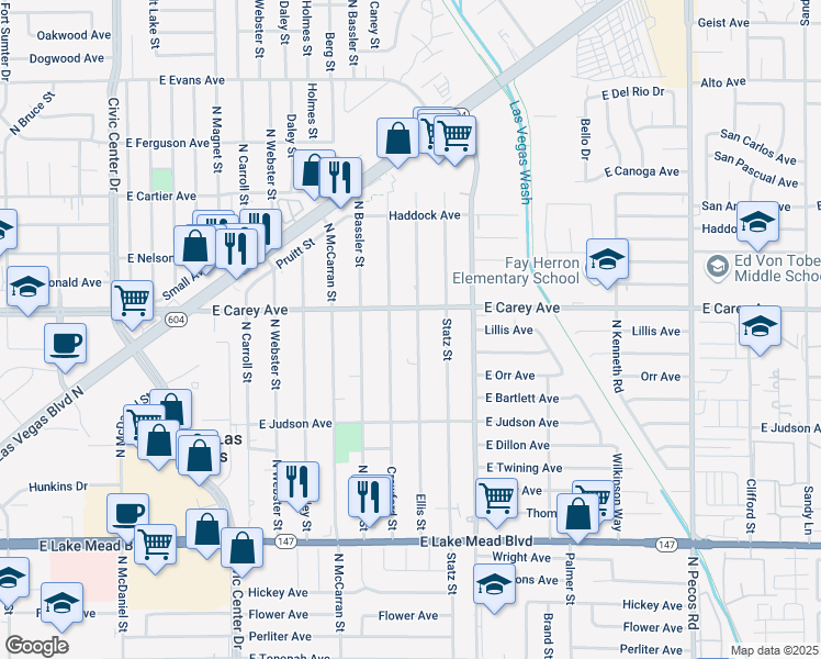 map of restaurants, bars, coffee shops, grocery stores, and more near 2321 Ellis Street in North Las Vegas