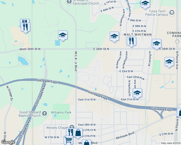 map of restaurants, bars, coffee shops, grocery stores, and more near 251 East 35th Street North in Tulsa
