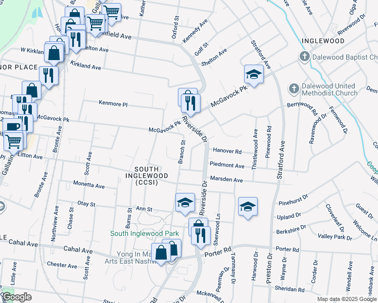map of restaurants, bars, coffee shops, grocery stores, and more near 2118 Martha Avenue in Nashville