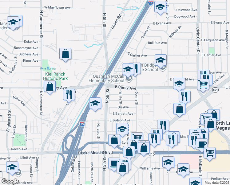 map of restaurants, bars, coffee shops, grocery stores, and more near 604 Lillis Avenue in North Las Vegas