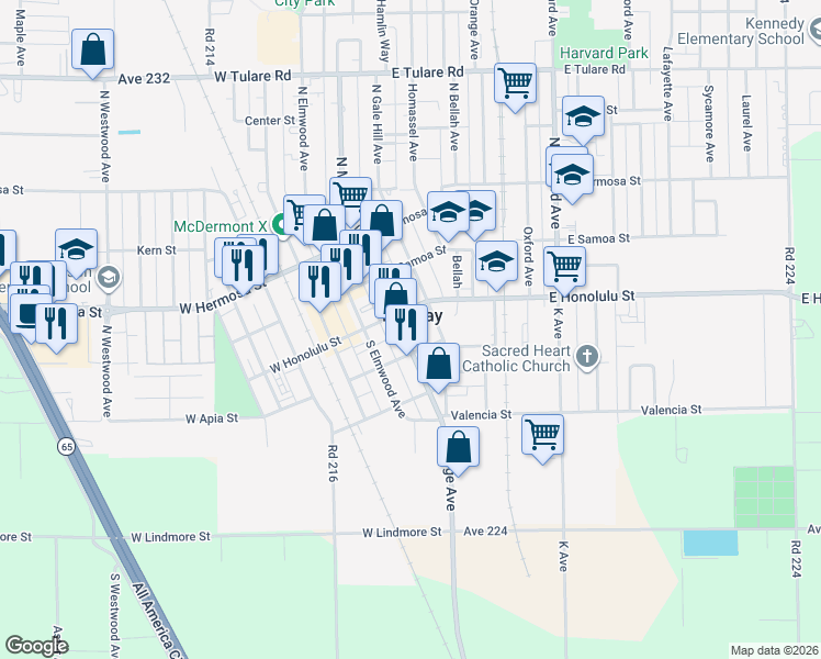 map of restaurants, bars, coffee shops, grocery stores, and more near in Lindsay