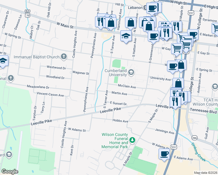 map of restaurants, bars, coffee shops, grocery stores, and more near 303 South Tarver Avenue in Lebanon