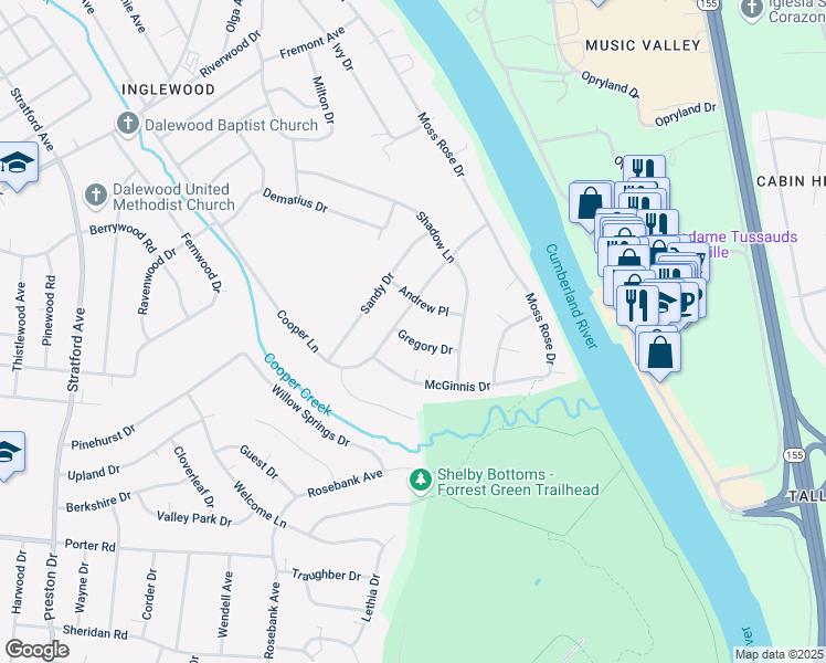 map of restaurants, bars, coffee shops, grocery stores, and more near 2403 Gregory Drive in Nashville