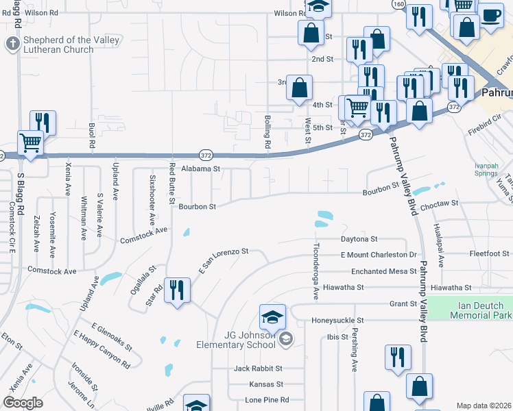 map of restaurants, bars, coffee shops, grocery stores, and more near 821 Bourbon Street in Pahrump