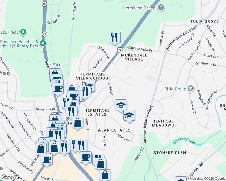 map of restaurants, bars, coffee shops, grocery stores, and more near 204 Weldon Drive in Nashville
