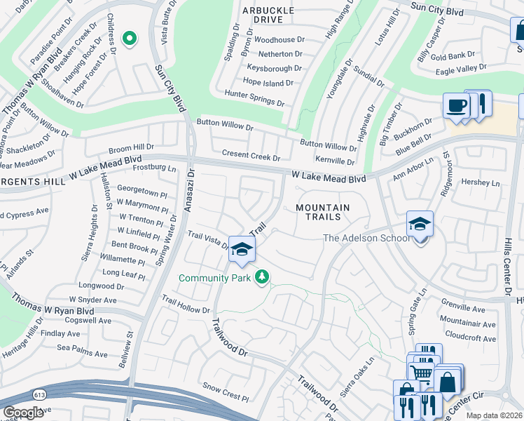 map of restaurants, bars, coffee shops, grocery stores, and more near 2321 Sunrise Meadows Drive in Las Vegas