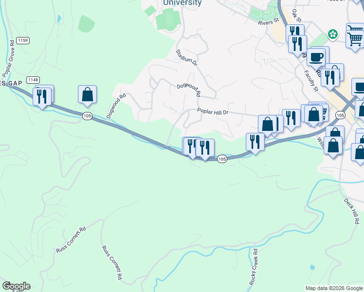 map of restaurants, bars, coffee shops, grocery stores, and more near 1852 North Carolina 105 in Boone