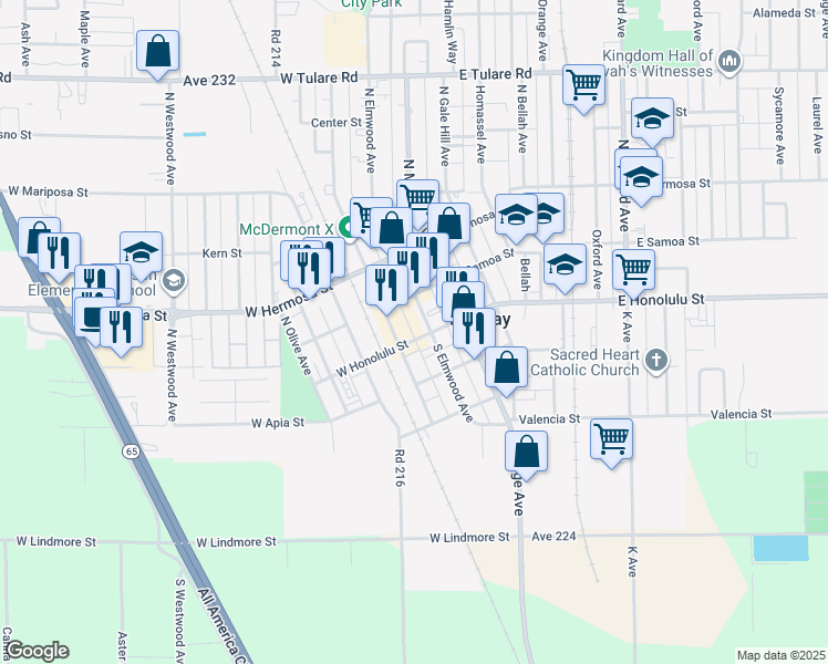 map of restaurants, bars, coffee shops, grocery stores, and more near 152 W Honolulu St in Lindsay