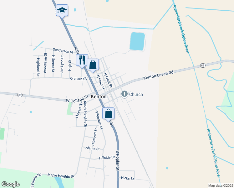 map of restaurants, bars, coffee shops, grocery stores, and more near 205 South Front Street in Kenton