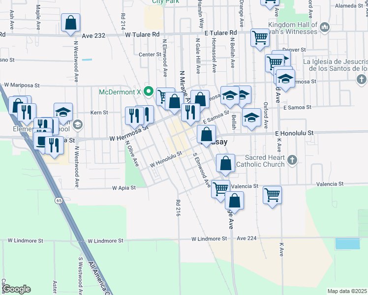 map of restaurants, bars, coffee shops, grocery stores, and more near 152 West Honolulu Street in Lindsay