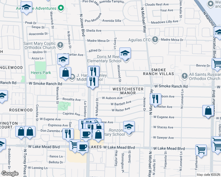 map of restaurants, bars, coffee shops, grocery stores, and more near 5817 Smoke Ranch Road in Las Vegas