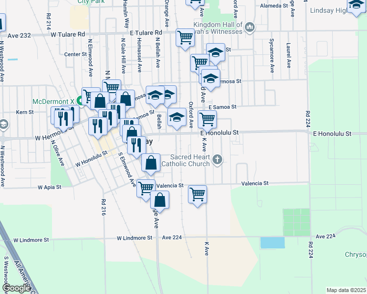 map of restaurants, bars, coffee shops, grocery stores, and more near 470 East Honolulu Street in Lindsay