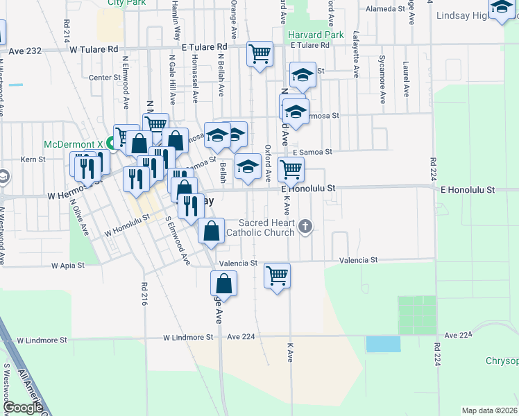 map of restaurants, bars, coffee shops, grocery stores, and more near 187 South Harvard Avenue in Lindsay