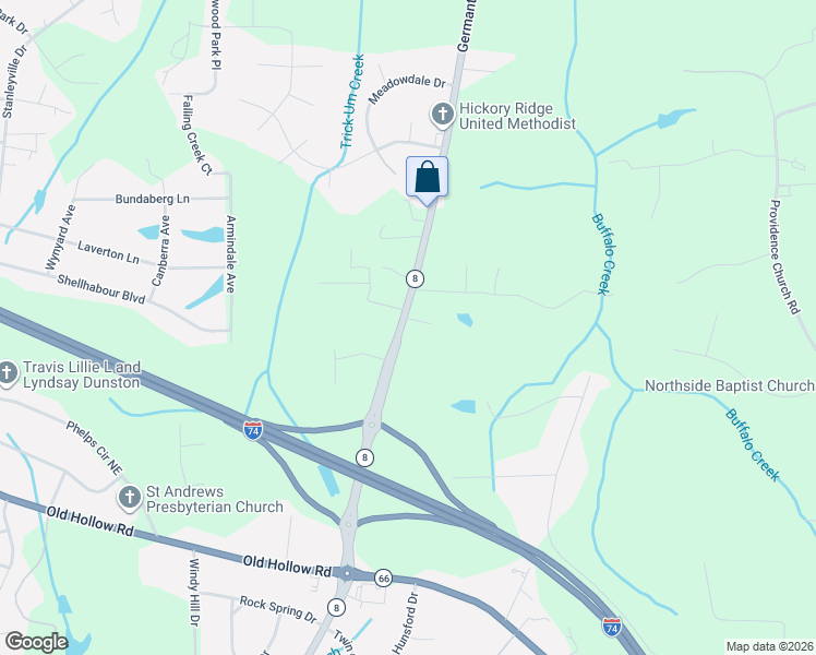 map of restaurants, bars, coffee shops, grocery stores, and more near 5848 Germanton Road in Winston-Salem