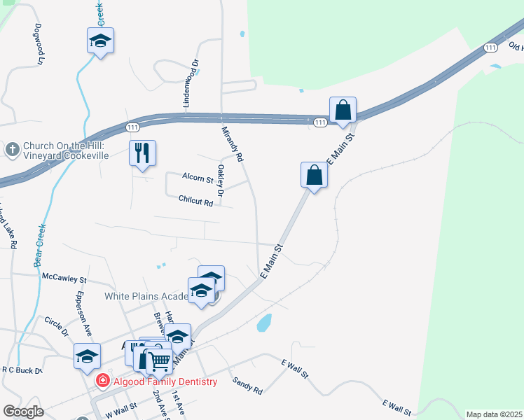 map of restaurants, bars, coffee shops, grocery stores, and more near 199 Mirandy Road in Cookeville