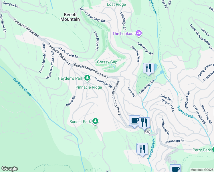map of restaurants, bars, coffee shops, grocery stores, and more near 114 Northridge Lane in Beech Mountain