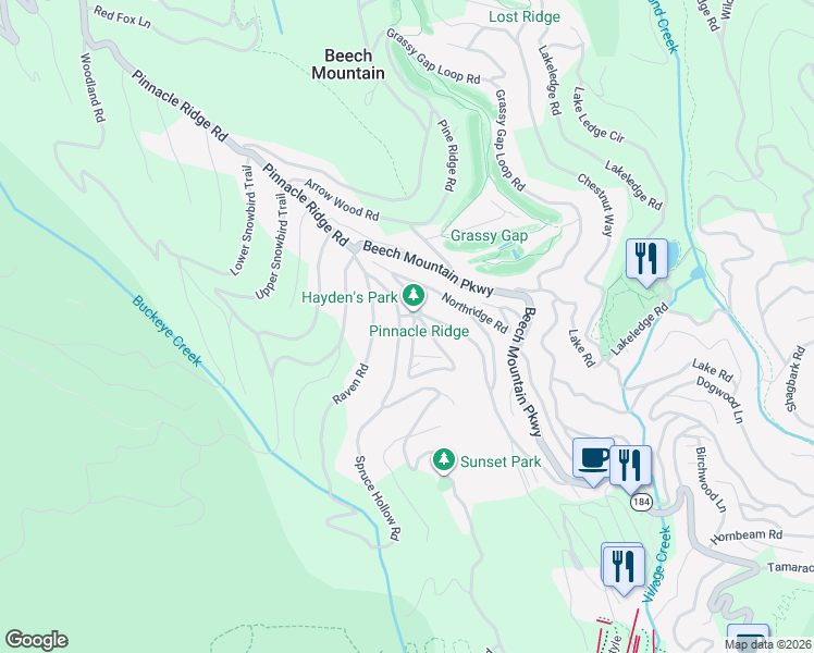 map of restaurants, bars, coffee shops, grocery stores, and more near 145 Village Road in Beech Mountain