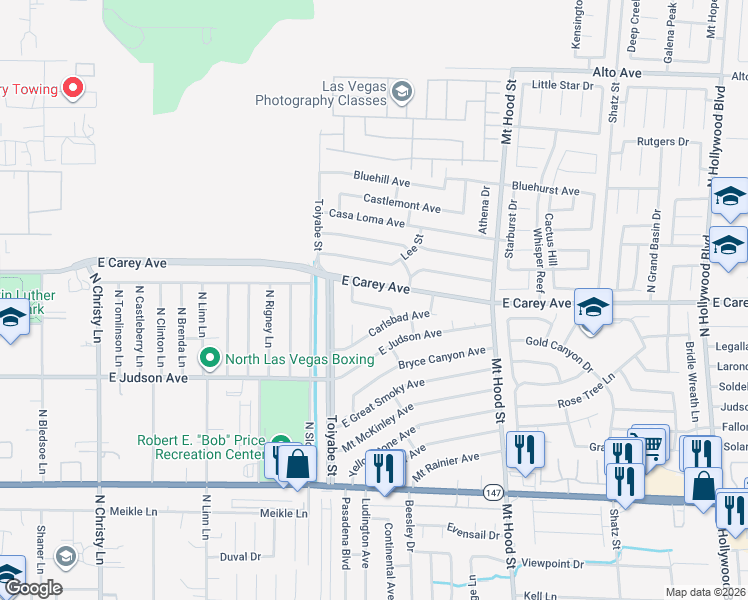 map of restaurants, bars, coffee shops, grocery stores, and more near 6078 Big Bend Avenue in Las Vegas