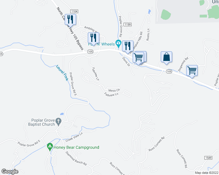 map of restaurants, bars, coffee shops, grocery stores, and more near Mesa Circle in Boone