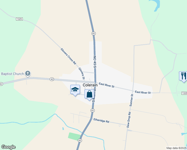 map of restaurants, bars, coffee shops, grocery stores, and more near 109 North Main Street in Colerain
