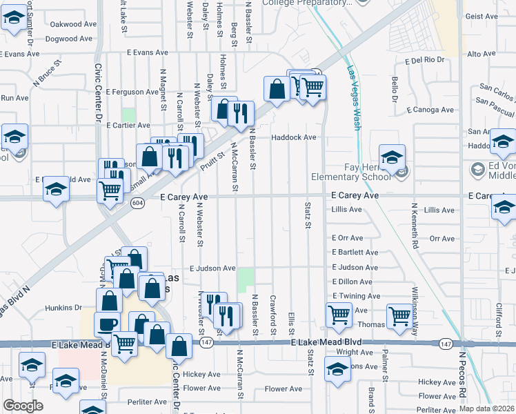 map of restaurants, bars, coffee shops, grocery stores, and more near 2326 Bassler Street in North Las Vegas