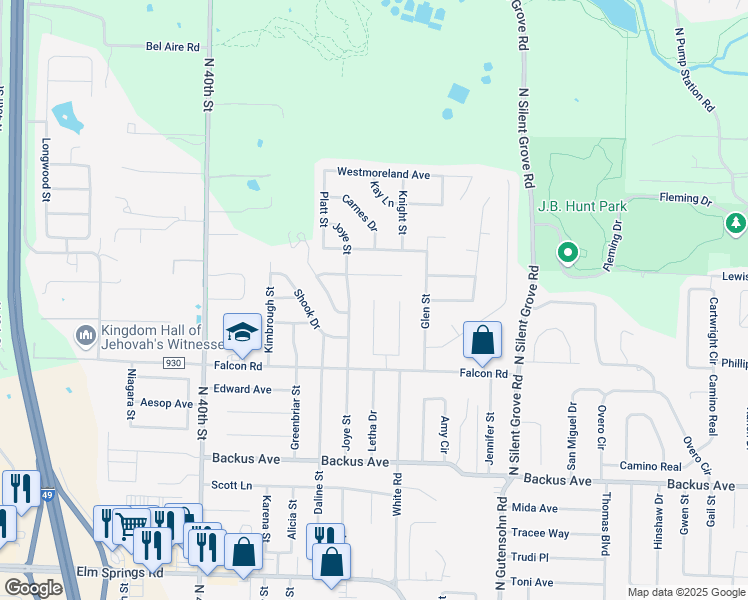 map of restaurants, bars, coffee shops, grocery stores, and more near 1867 Sarah Lane in Springdale