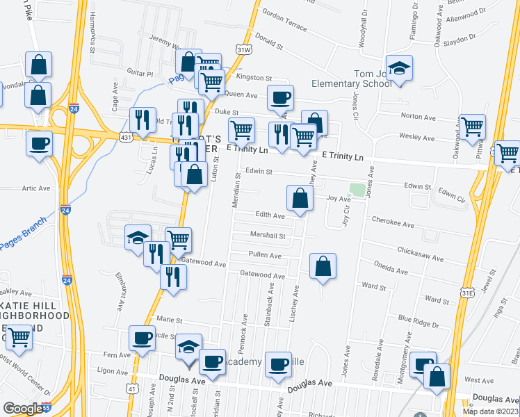 map of restaurants, bars, coffee shops, grocery stores, and more near 311 Edith Avenue in Nashville