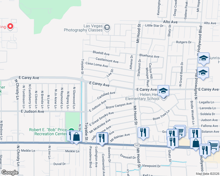 map of restaurants, bars, coffee shops, grocery stores, and more near 6155 East Carey Avenue in Las Vegas