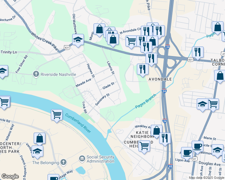 map of restaurants, bars, coffee shops, grocery stores, and more near 1814 Seminary Street in Nashville