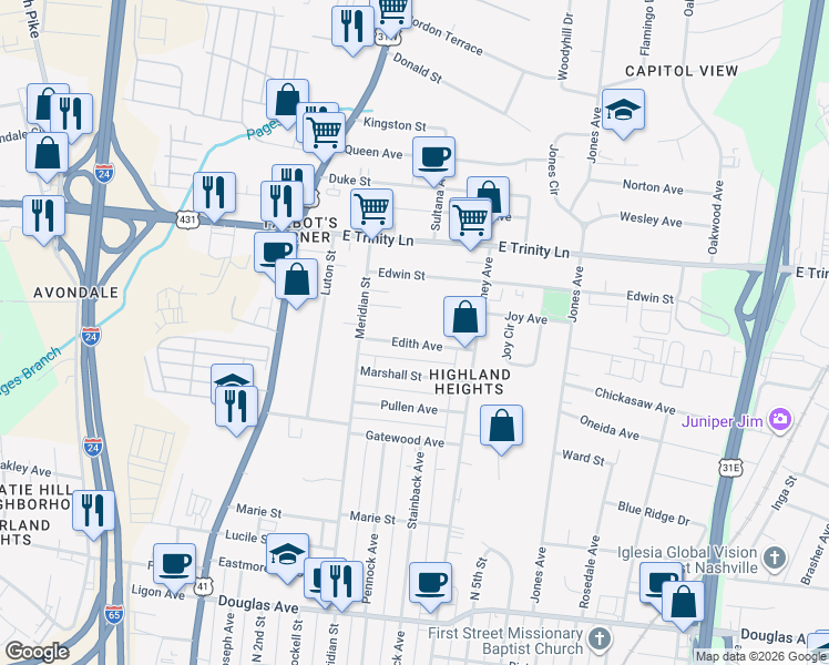 map of restaurants, bars, coffee shops, grocery stores, and more near 321 Edith Avenue in Nashville