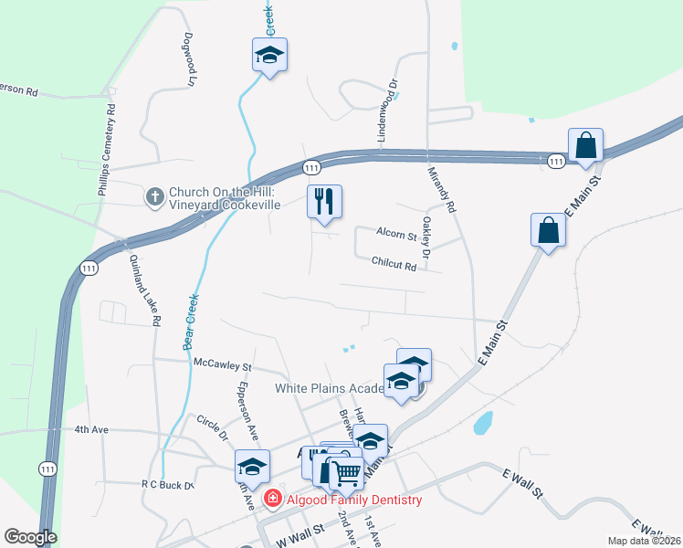 map of restaurants, bars, coffee shops, grocery stores, and more near 260 Phillips Street in Cookeville
