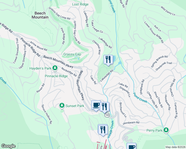 map of restaurants, bars, coffee shops, grocery stores, and more near 214 Lake Road in Beech Mountain