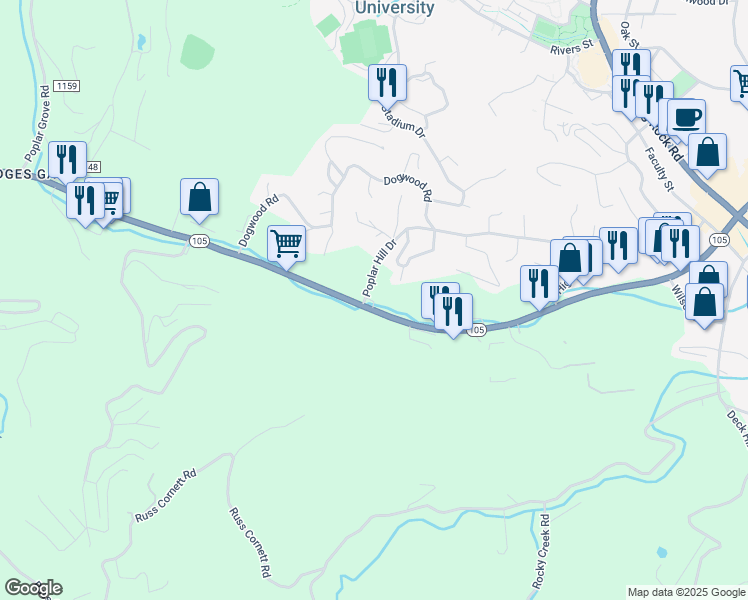 map of restaurants, bars, coffee shops, grocery stores, and more near in Boone