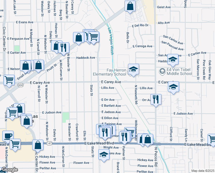 map of restaurants, bars, coffee shops, grocery stores, and more near 3108 East Lillis Avenue in North Las Vegas