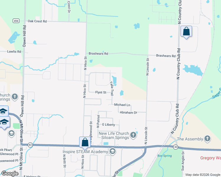 map of restaurants, bars, coffee shops, grocery stores, and more near 1201 Flynt Street in Siloam Springs