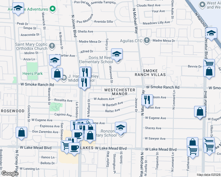 map of restaurants, bars, coffee shops, grocery stores, and more near 5709 Smoke Ranch Road in Las Vegas