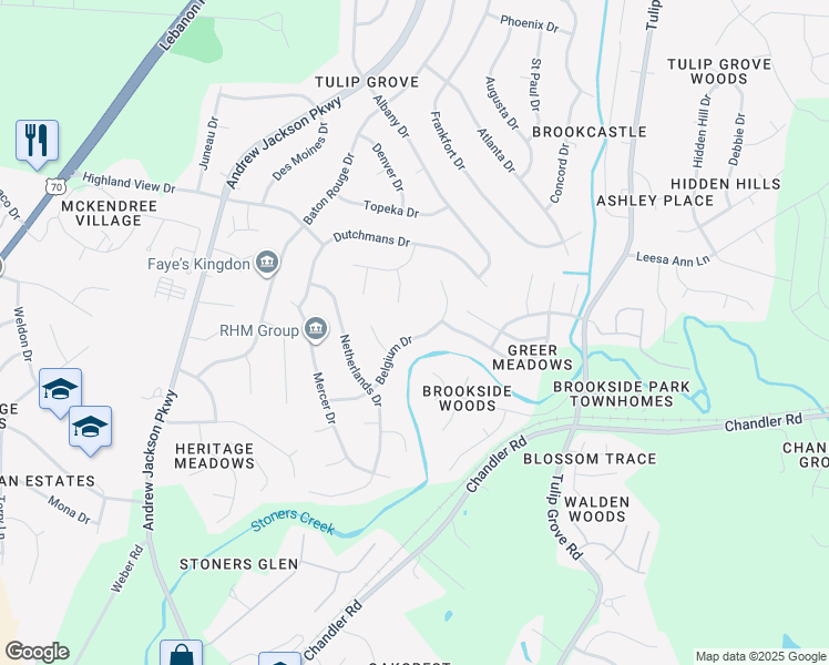map of restaurants, bars, coffee shops, grocery stores, and more near 638 Belgium Drive in Nashville