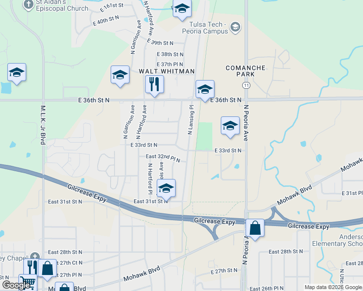 map of restaurants, bars, coffee shops, grocery stores, and more near 774 East 33rd Street North in Tulsa