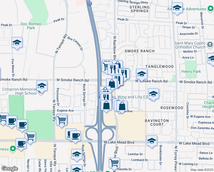 map of restaurants, bars, coffee shops, grocery stores, and more near 2021 N Rainbow Blvd in Las Vegas