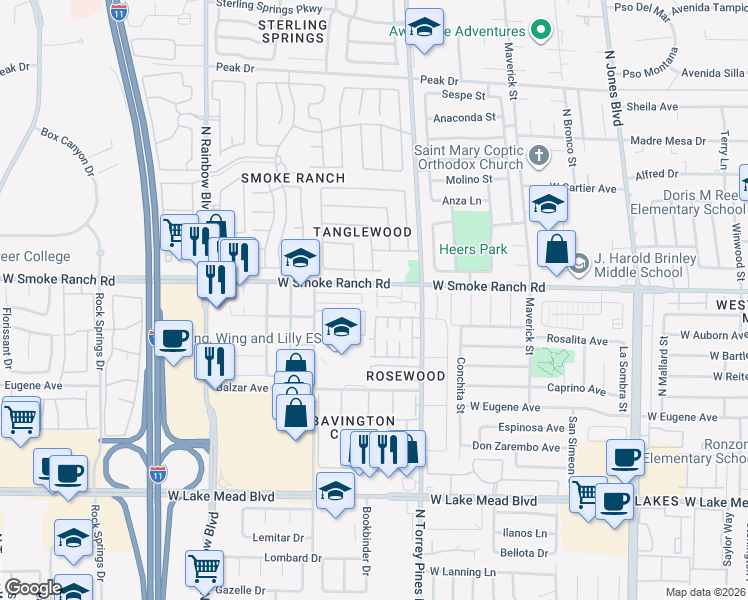 map of restaurants, bars, coffee shops, grocery stores, and more near 6445 Addely Drive in Las Vegas