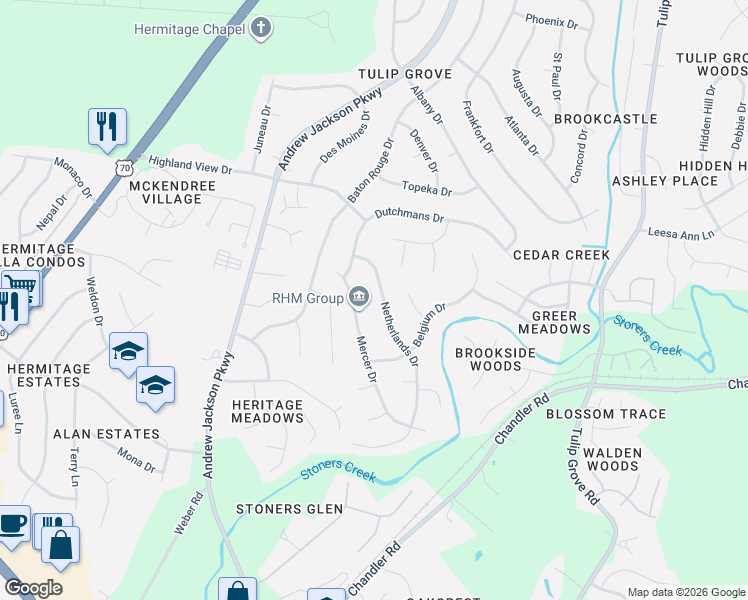 map of restaurants, bars, coffee shops, grocery stores, and more near 630 Netherlands Drive in Nashville