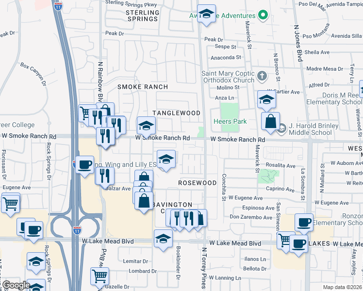 map of restaurants, bars, coffee shops, grocery stores, and more near 6445 Addely Drive in Las Vegas