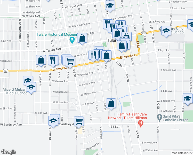 map of restaurants, bars, coffee shops, grocery stores, and more near 435 South H Street in Tulare